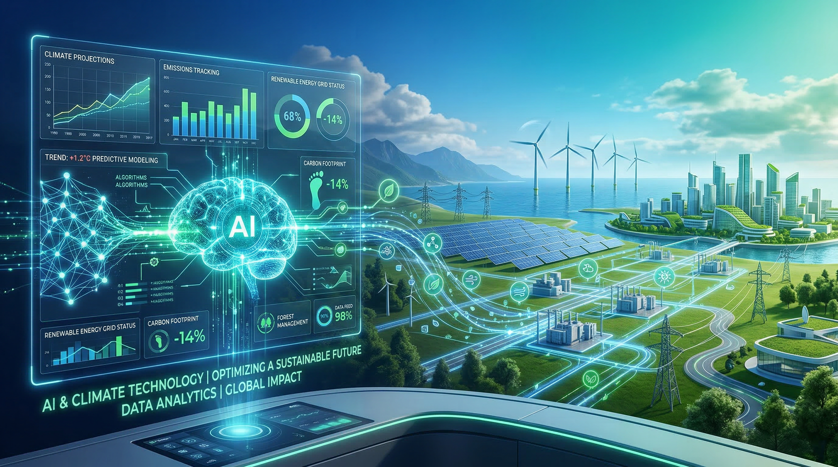 Futuristic visualization of AI analyzing renewable energy grid with data streams and neural networks