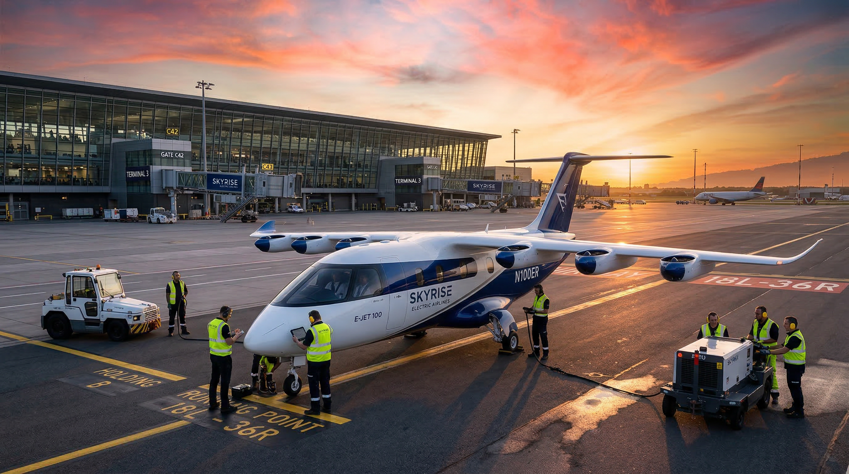 Electric aircraft with vertical takeoff capability on airport runway at sunset