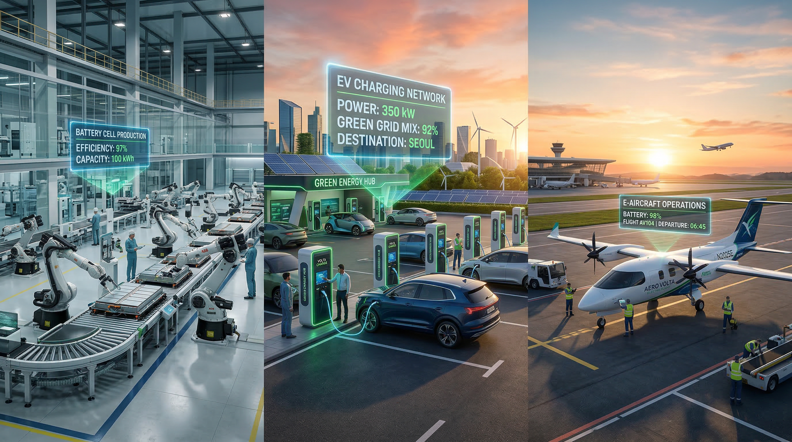 Futuristic green technology collage showing solid-state batteries, electric aircraft, EV charging stations, and solar panels