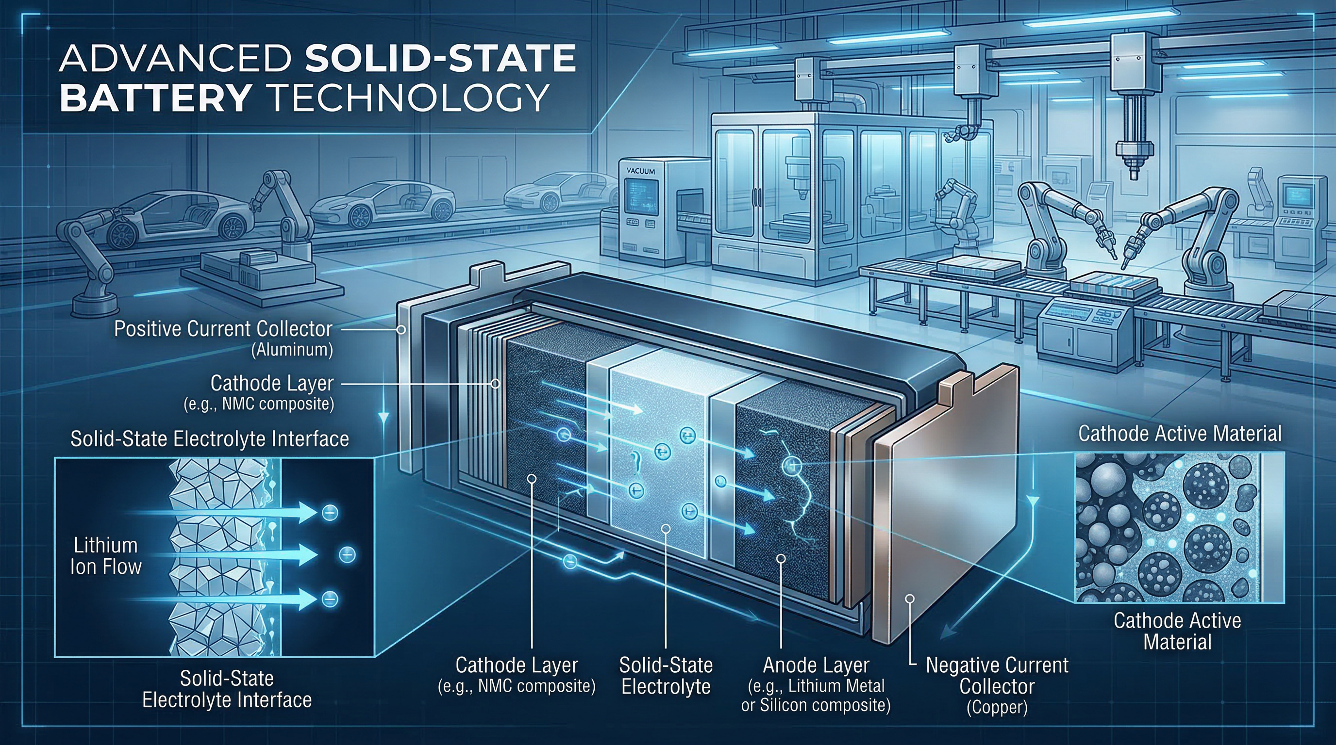 Cutaway diagram showing solid-state battery cell structure with ceramic electrolyte layers